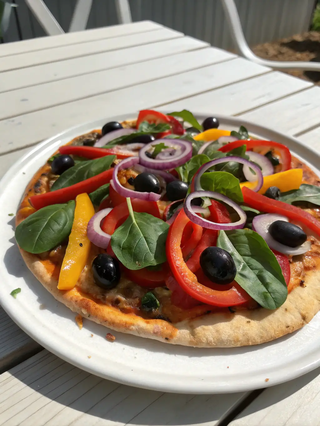 An enticing image of a Vegetarian pizza, highlighting colorful vegetables such as bell peppers, mushrooms, olives, and onions, arranged artfully on a cheesy crust, appealing to health-conscious customers.