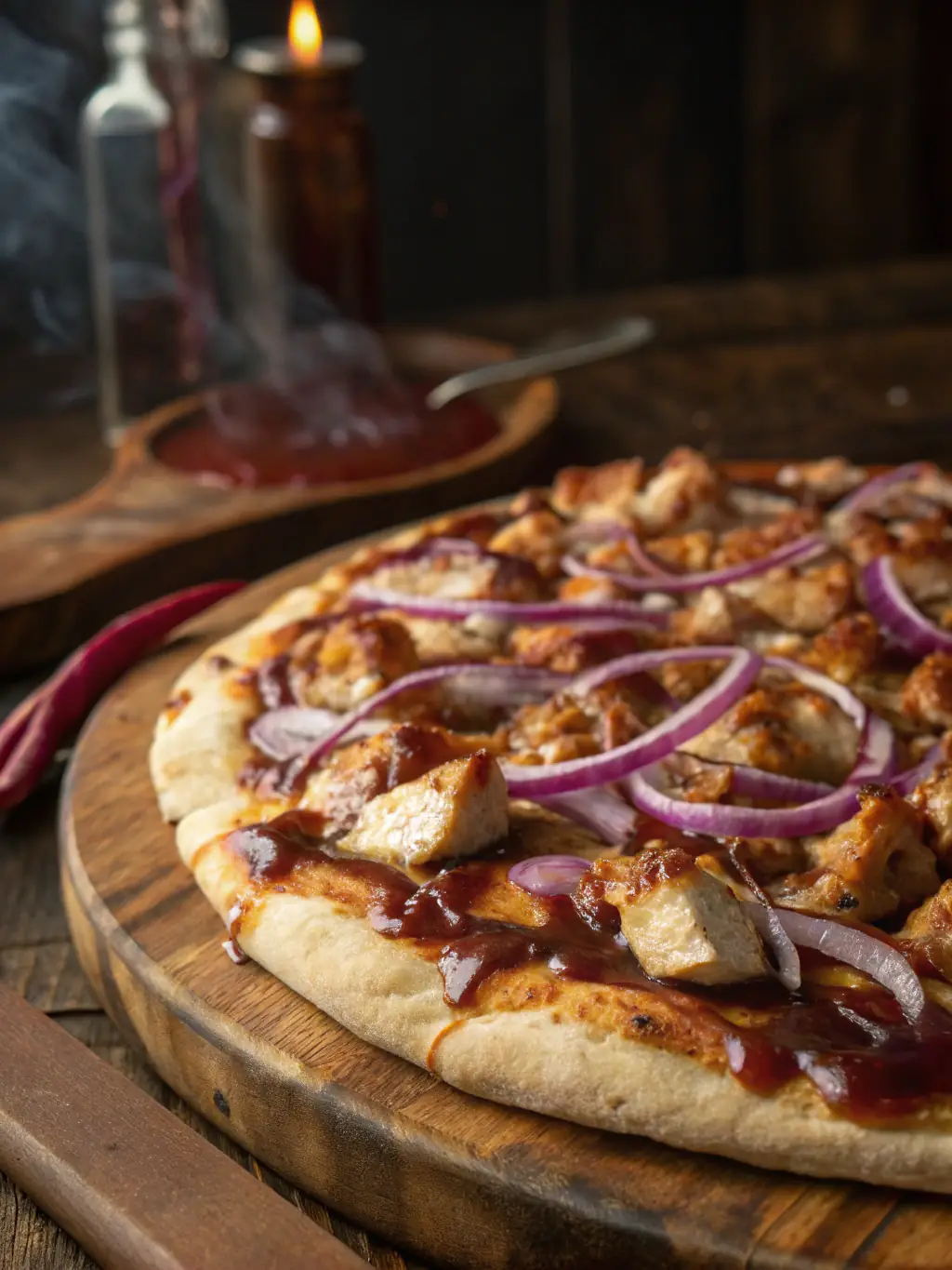 A mouth-watering image of a BBQ Chicken pizza, showcasing tender chicken pieces, smoky barbecue sauce, red onions, and cilantro on a crispy crust, tempting customers with its savory flavors.
