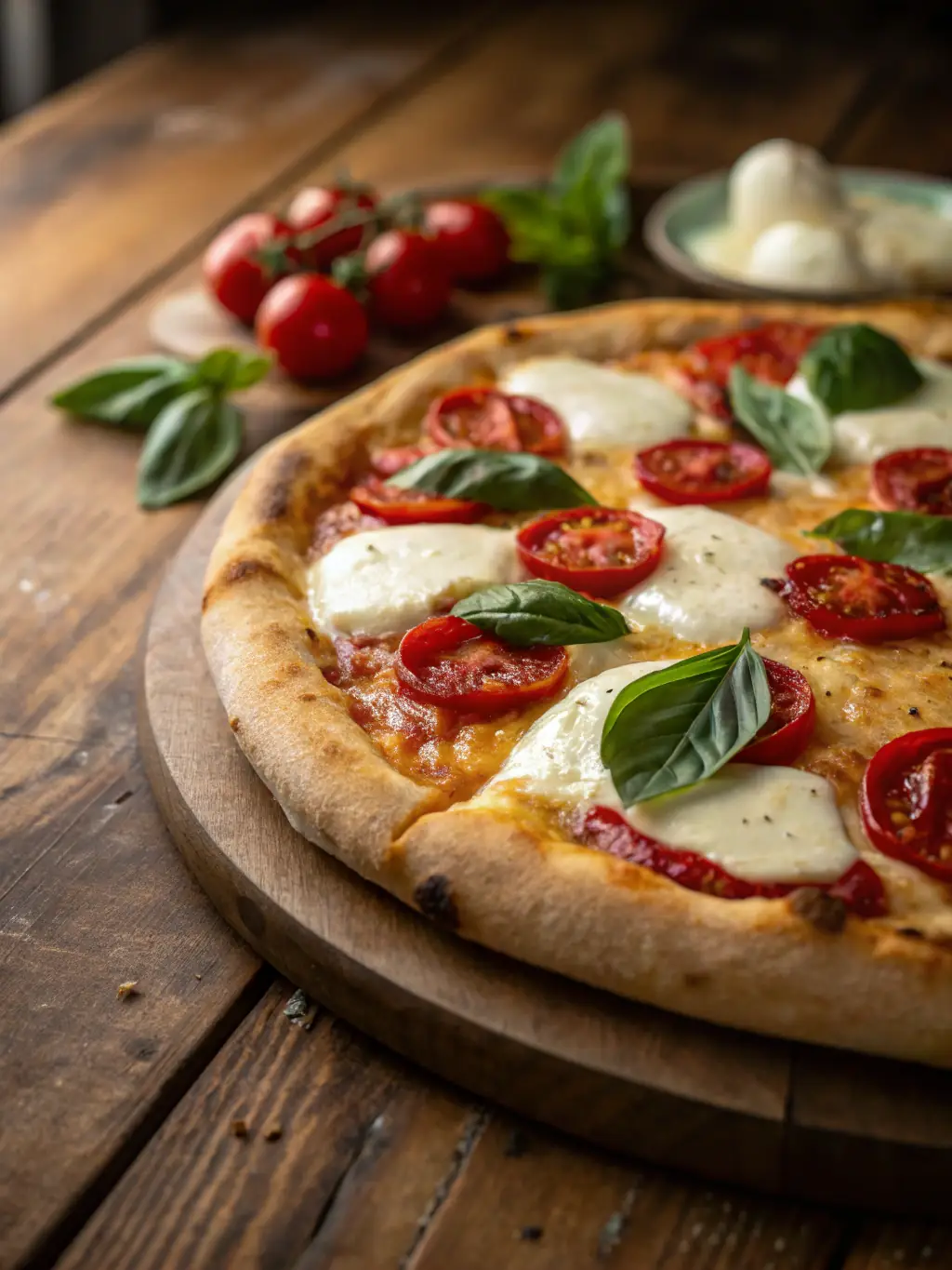 A vibrant, overhead shot of a Margherita pizza, showcasing fresh basil leaves, ripe tomato slices, and melted mozzarella on a perfectly crisp crust, presented in a warm, inviting setting.