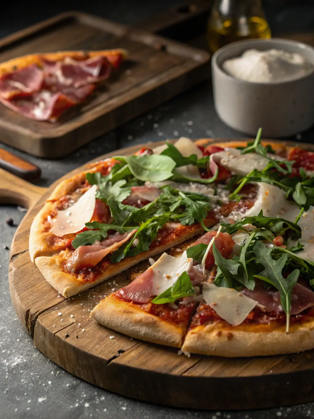 A vibrant image of a gourmet pizza with unique toppings such as truffle oil, prosciutto, artichoke hearts, and a blend of artisanal cheeses, highlighting its sophisticated flavors.