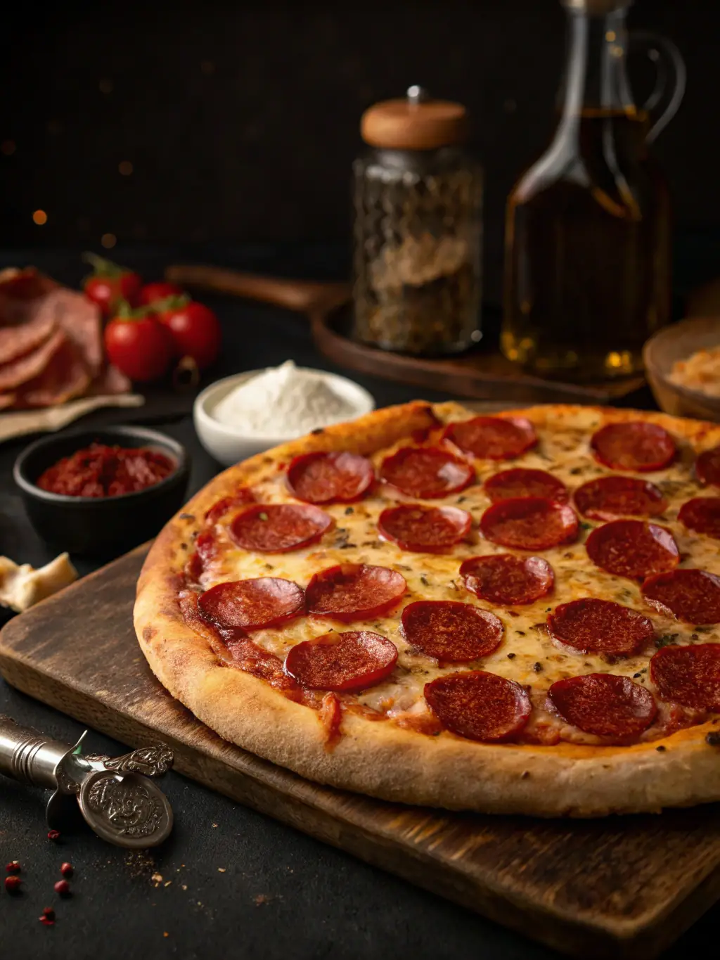 A spicy pepperoni pizza with a crispy crust, melted cheese, and generous slices of pepperoni, showcasing its bold and savory flavors.