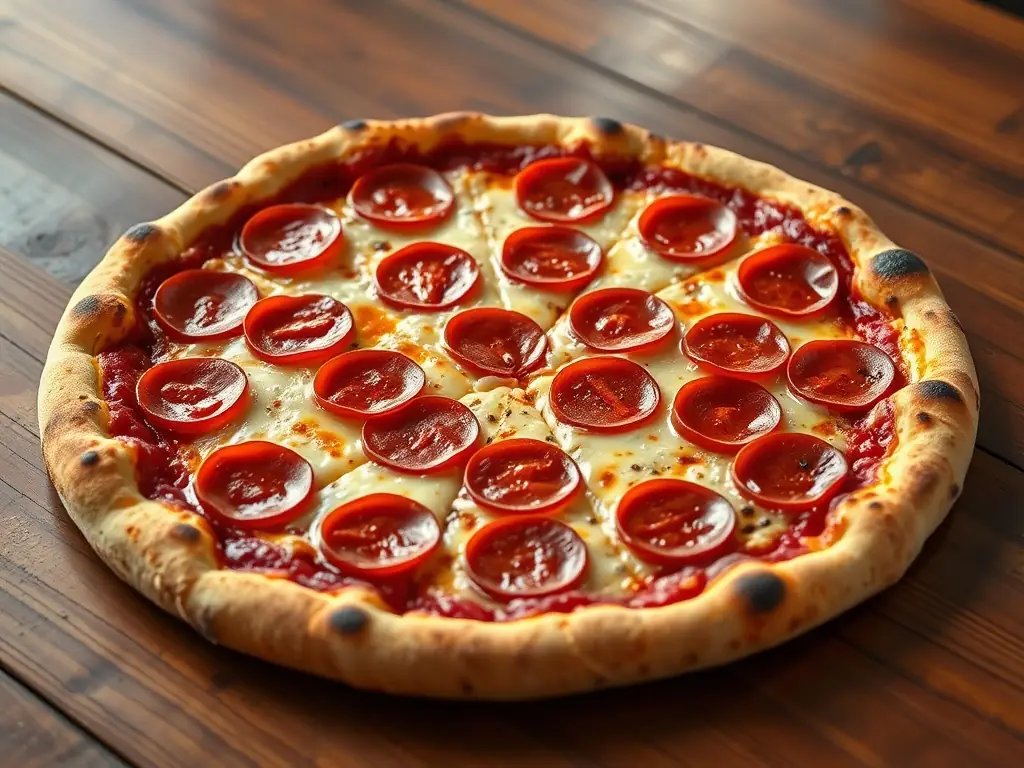 A visually appealing image of a Pepperoni pizza with perfectly browned pepperoni slices and melted cheese, highlighting its savory and comforting appeal. The pizza is cut into slices, ready to be served.