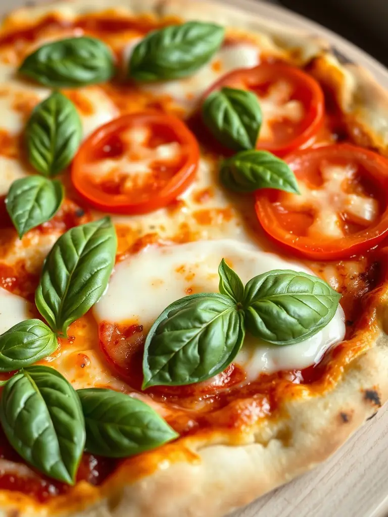 A close-up shot of a classic Margherita pizza with fresh basil, ripe tomatoes, and melted mozzarella cheese on a thin crust, showcasing its simplicity and traditional appeal.