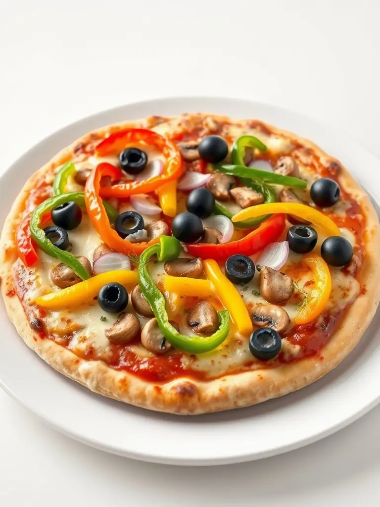 A colorful and appetizing vegetarian pizza loaded with fresh vegetables like bell peppers, mushrooms, olives, spinach, and a generous layer of melted cheese, appealing to vegetarian customers.