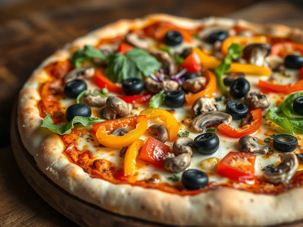 A colorful and appetizing image of a Vegetarian pizza with a variety of fresh vegetables, such as bell peppers, mushrooms, and olives, showcasing its healthy and flavorful appeal. The pizza is on a rustic table setting.