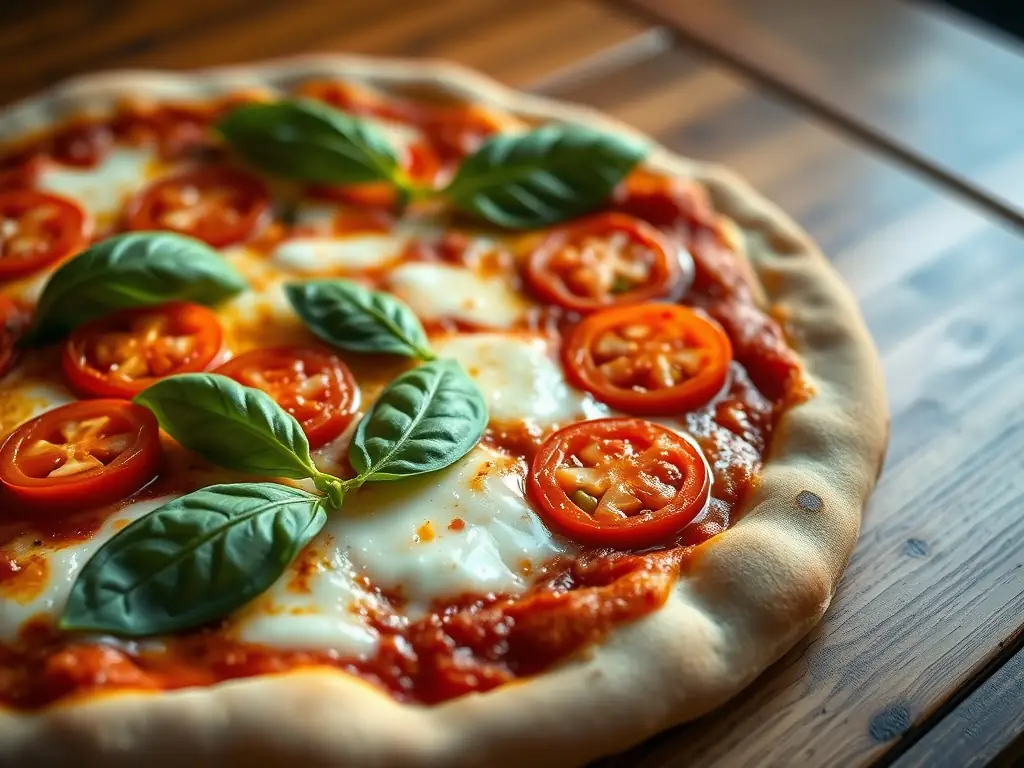 A vibrant, close-up shot of a Margherita pizza with fresh basil leaves and melted mozzarella, showcasing its simplicity and freshness. The pizza is on a wooden board, ready to be sliced.